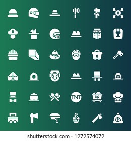 miner icon set. Collection of 36 filled miner icons included Coal, Axe, Hat, Helmet, Mining, Tnt, Headgear, Minerals