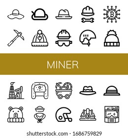 conjunto de iconos del minero. Colección de Sombreros, Pickaxe, Casco, Criptomoneda, Petróleo, Carrito de Minas, Iconos de sombreros duros