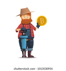 Miner with jackhammer. Cartoon character with the bump holding a gold coin Gold bitcoin