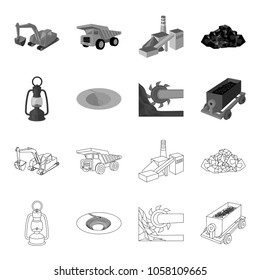 A miner lamp, a funnel, a mining combine, a trolley with ore.Mining industry set collection icons in outline,monochrome style vector symbol stock illustration web.