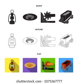 A miner lamp, a funnel, a mining combine, a trolley with ore.Mining industry set collection icons in black,flat,outline style vector symbol stock illustration web.