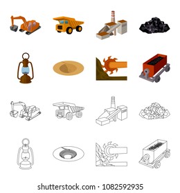 A miner lamp, a funnel, a mining combine, a trolley with ore.Mining industry set collection icons in cartoon,outline style vector symbol stock illustration web.