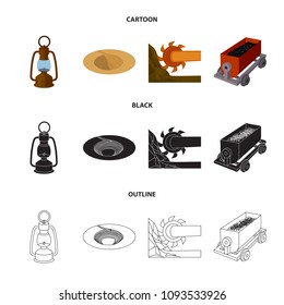 A miner lamp, a funnel, a mining combine, a trolley with ore.Mining industry set collection icons in cartoon,black,outline style vector symbol stock illustration web.
