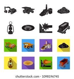 A miner lamp, a funnel, a mining combine, a trolley with ore.Mining industry set collection icons in black,flet style vector symbol stock illustration web.