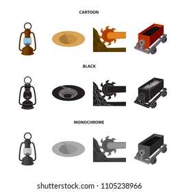 A miner lamp, a funnel, a mining combine, a trolley with ore.Mining industry set collection icons in cartoon,black,monochrome style vector symbol stock illustration web.