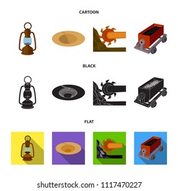 A miner lamp, a funnel, a mining combine, a trolley with ore.Mining industry set collection icons in cartoon,black,flat style vector symbol stock illustration web.