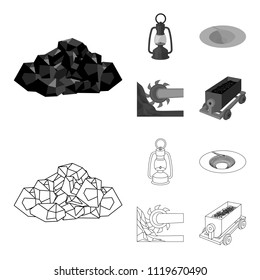 A miner lamp, a funnel, a mining combine, a trolley with ore.Mining industry set collection icons in outline,monochrome style vector symbol stock illustration web.