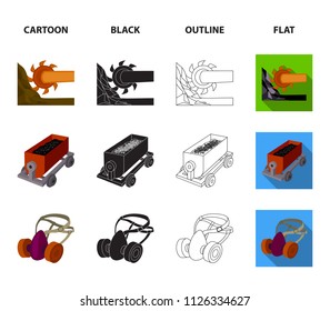 A miner lamp, a funnel, a mining combine, a trolley with ore.Mining industry set collection icons in cartoon,black,outline,flat style vector symbol stock illustration web.