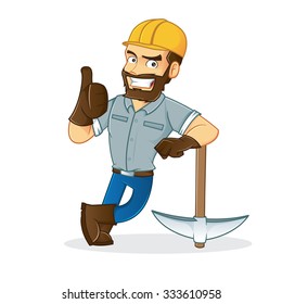 Miner leaning on pickax  