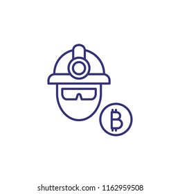 Miner line icon. Human head in miners helmet and bitcoin. Cryptocurrency concept. Can be used for topics like mining, blockchain, virtual money