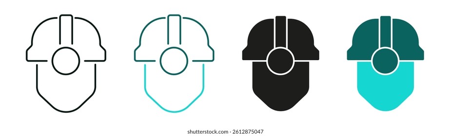 Miner line icon set. Mining, Coal, Industry, Construction, Technology, Blockchain or Cryptocurrency concept. Worker in a helmet. Solid color or black logo for web, ui, or app. Editable vector stroke. 