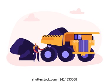 Miner Loading Coal with Shovel into Truck. Quarry Transport and Technique, Extraction Industry. Coal Mining Infographics, Working Equipment, Transportation, Technics. Cartoon Flat Vector Illustration