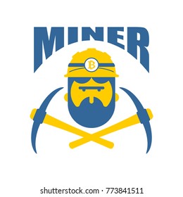 Miner logo. Mener logo Bitcoin Crypto Currencies. Worker with pickaxe. Vector illustration
