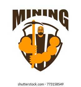 Miner Logo. Mining Bitcoin Crypto Currencies. Worker With Pickaxe. Vector Illustration