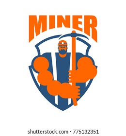 Miner logo. Mining Bitcoin Crypto Currencies. Worker with pickaxe. Vector illustration
