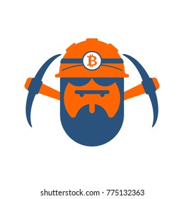 Miner logo. Mining Bitcoin Crypto Currencies. Worker with pickaxe. Vector illustration