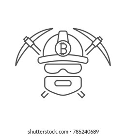 Miner logo. Mining Bitcoin Crypto Currencies. Worker with pickaxes. Editable Stroke