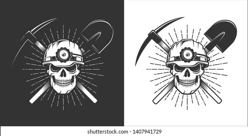 Miner Logo In Retro Style. Skull In A Mining Helmet With A Lantern. Pick Axe And Shovel.