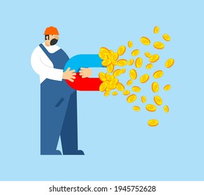 Miner and Magnet for bitcoin. Attracting cryptocurrencies. Business concept. vector illustration