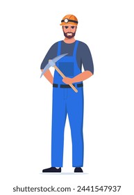 Carácter de hombre minero, minería de carbón o minerales, Trabajador en uniforme con piqueta se para alto. Industria de la extracción Profesión Trabajando. Ilustración vectorial