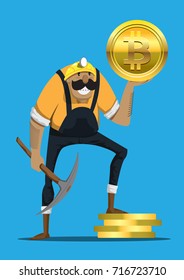 Miner man hold pick axe and get bitcoin.Vector illustration