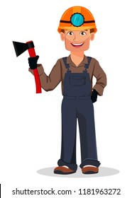 Miner man, mining worker. Handsome cartoon character holding axe. Vector illustration on white background