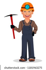 Miner man, mining worker. Handsome cartoon character holding pickaxe. Vector illustration on white background
