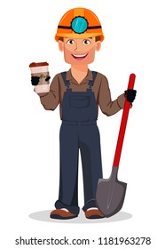 Miner man, mining worker. Handsome cartoon character holding shovel and coffee. Vector illustration on white background