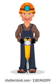Miner man, mining worker. Handsome cartoon character holding jackhammer. Vector illustration on white background