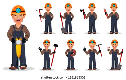 Miner man, mining worker, set of nine poses. Handsome cartoon character. Vector illustration on white background