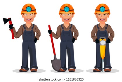 Miner man, mining worker, set of three poses. Handsome cartoon character holding axe, holding shovel and holding jackhammer. Vector illustration