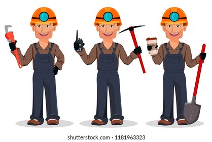 Miner man, mining worker, set of three poses. Handsome cartoon character holding wrench, holding pickaxe and holding shovel. Vector illustration