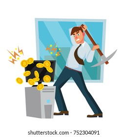 Miner Man Vector. Modern Miner Businessman. Digital Currency. Cartoon Character Illustration