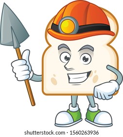 Miner mascot cartoon with delicious slice white bread.