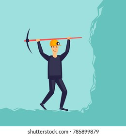Miner in the mine with a pick works. Flat design vector illustration.