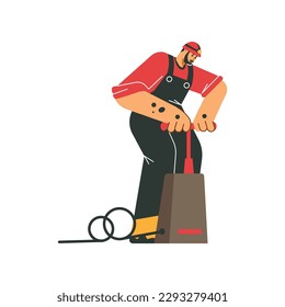 Miner mining coal or minerals flat cartoon vector illustration isolated on white background. Mining and extraction industry professional worker with dynamite fuse.