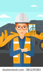 Miner with mining equipment on background.