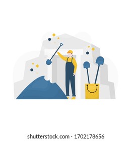 Miner mining gold, coal or diamonds, vector illustration, suitable for landing page, ui, website, mobile app, editorial, poster, flyer, article, and banner
