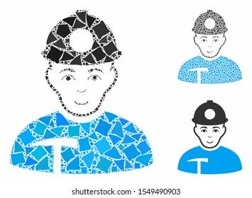 Miner mosaic of tuberous elements in variable sizes and color tinges, based on miner icon. Vector rugged elements are united into collage. Miner icons collage with dotted pattern.