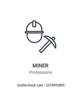 Miner outline vector icon. Thin line black miner icon, flat vector simple element illustration from editable professions concept isolated on white background