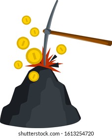 Miner pick and gold coins. Cryptocurrency and earnings on Internet. Stone and ore. Income and profit. Extraction of minerals. Cartoon flat illustration 