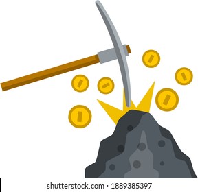 Miner pick y oro acuñado. Criptodivisa y ganancias en Internet. Dibujo plano de caricatura. Piedra y más. Ingresos y beneficios. Extracción de minerales