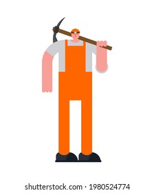 Miner with pickaxe cartoon isolated. vector illustration