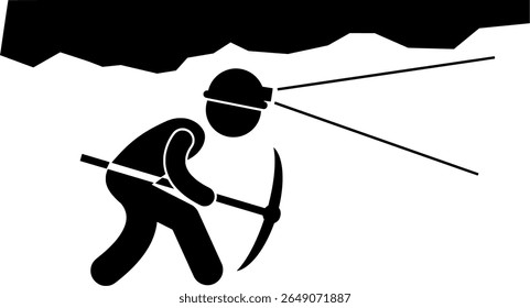 Miner with Pickaxe and Headlamp Icon. A stark black and white icon illustrating a miner with a pickaxe and illuminated headlamp, working underground. Suitable for visuals related to mining