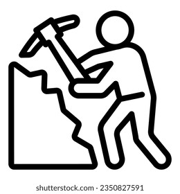 Mineur avec icône à la ligne de pioche, concept de jour du travail, Piment de charbon et homme avec sonnette de pioche sur fond blanc, icône Mineur en forme de plan, conception web de concept mobile de style contour. Images vectorielles.