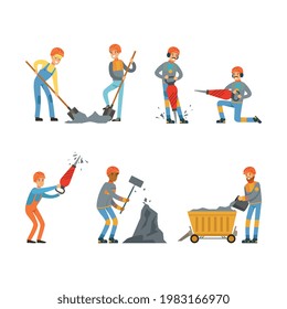 Miner or Pitman in Hard Hat and Uniform Transporting Coal and Working with Hammer at Rock Face Vector Set