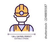 Miner pixel perfect RGB color icon. Manual labour. Coal mining industry employee. Uniform and protective equipment. Isolated vector illustration. Simple filled line drawing. Editable stroke