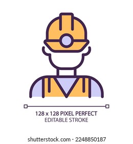 Miner pixel perfect RGB color icon. Manual labour. Coal mining industry employee. Uniform and protective equipment. Isolated vector illustration. Simple filled line drawing. Editable stroke