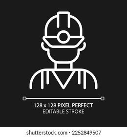 Miner pixel perfect white linear icon for dark theme. Manual labour. Coal mining industry employee. Protective equipment. Thin line illustration. Isolated symbol for night mode. Editable stroke