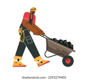 Miner pushing cart with coal, flat vector illustration isolated on white background. Mining industry worker. Minerals extraction concept. Person in protective helmet with fleshlight.